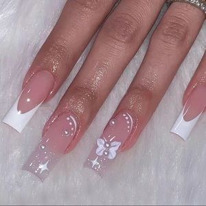 NEW: 24pc Luxury Glossy Long Coffin Nude False Nails With White Pearls Beads